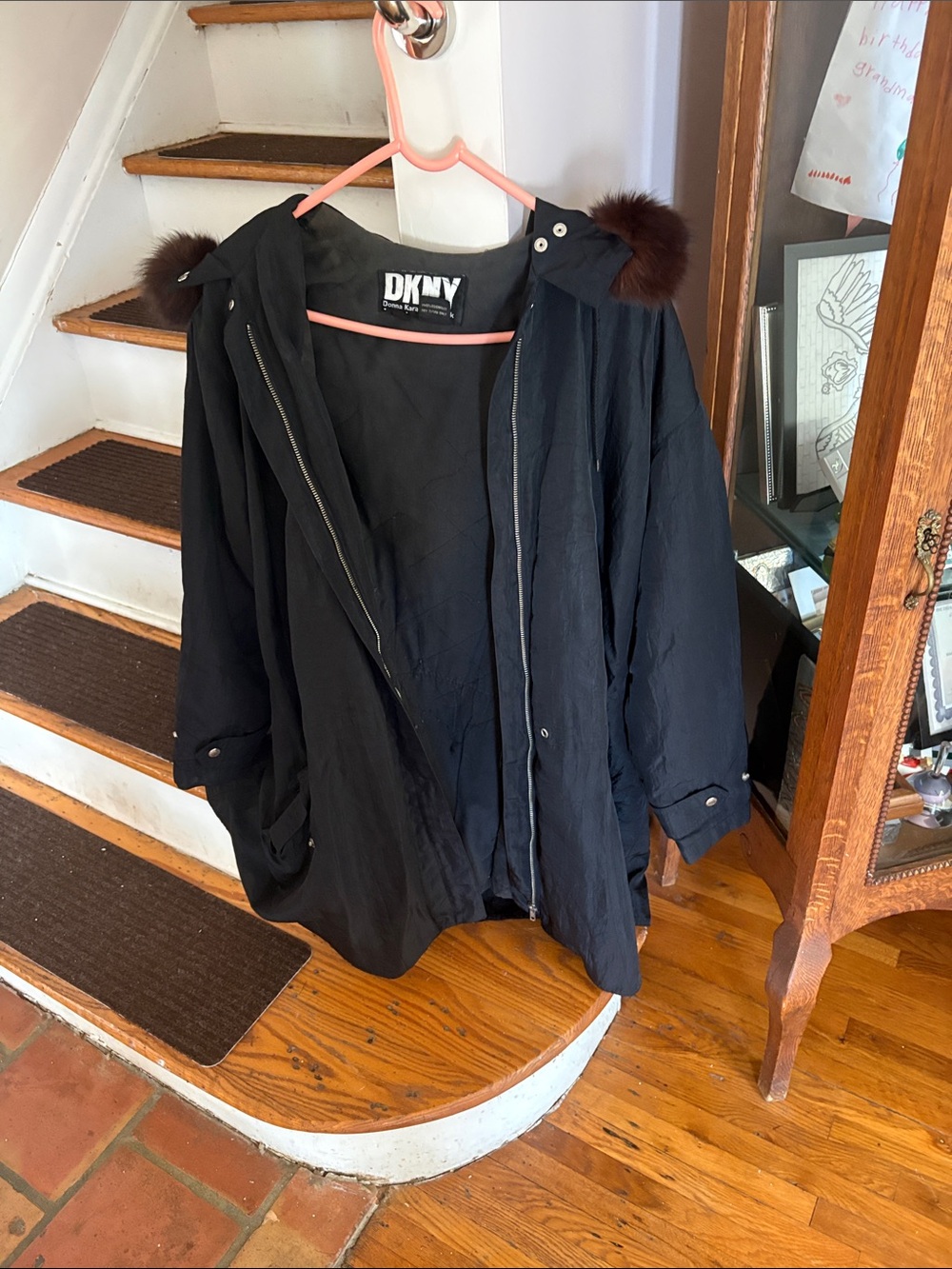 Donna Karan Black Hooded Puffer Coat with Fur Trim